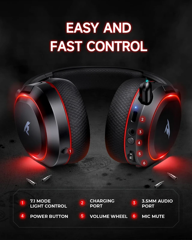 Alt view image 5 of 7 - Picun G2 Wireless Gaming Headset with Mic for PC PS5 PS4 Switch, Black Red | 7.1 Virtual Surround Sound ,Hi-Res Audio, 2.4GHz/Bluetooth 5.4/Wired, 100H Playtime, ENC Noise-Canceling Mic, RGB