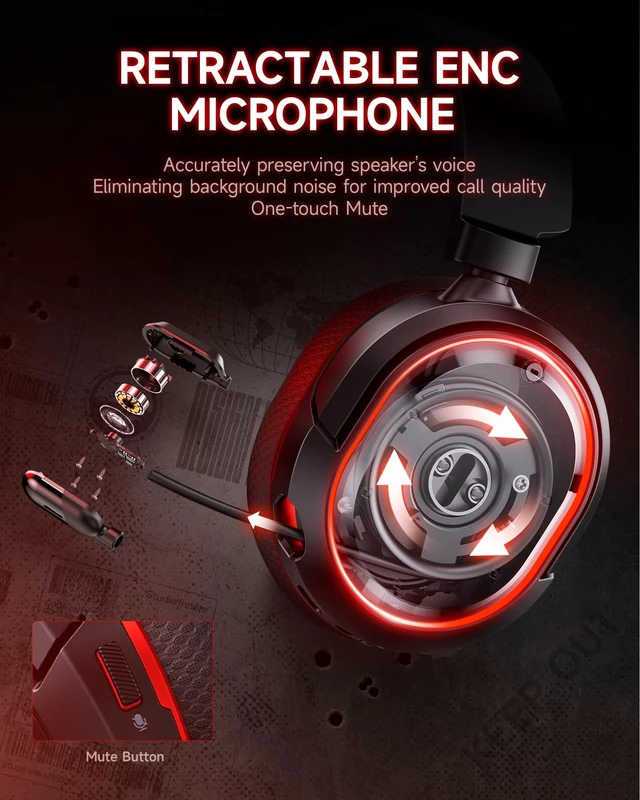 Alt view image 6 of 7 - Picun G2 Wireless Gaming Headset with Mic for PC PS5 PS4 Switch, Black Red | 7.1 Virtual Surround Sound ,Hi-Res Audio, 2.4GHz/Bluetooth 5.4/Wired, 100H Playtime, ENC Noise-Canceling Mic, RGB