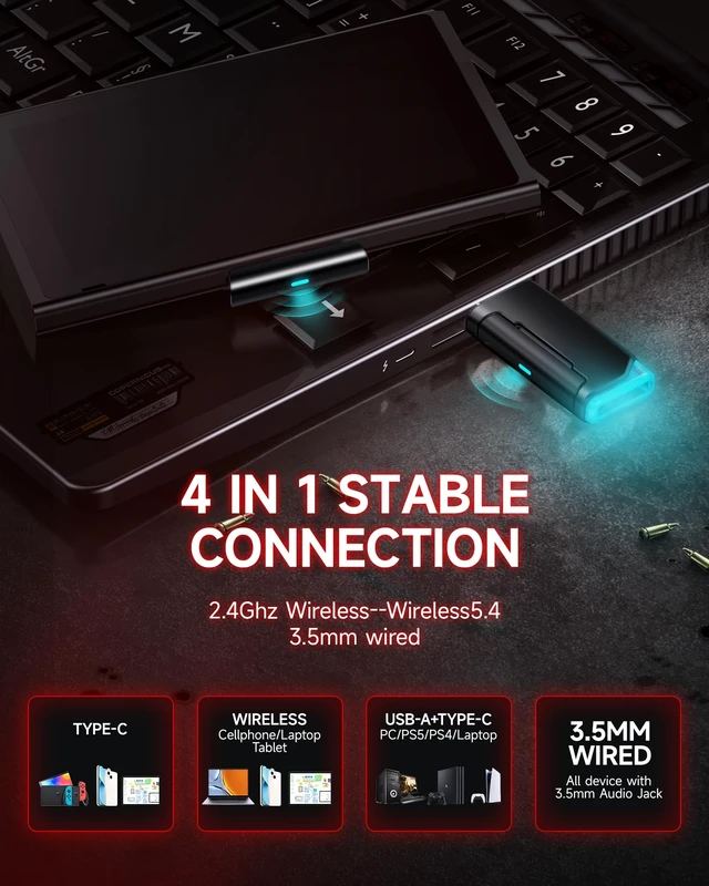 Alt view image 7 of 7 - Picun G2 Wireless Gaming Headset with Mic for PC PS5 PS4 Switch, Black Red | 7.1 Virtual Surround Sound ,Hi-Res Audio, 2.4GHz/Bluetooth 5.4/Wired, 100H Playtime, ENC Noise-Canceling Mic, RGB
