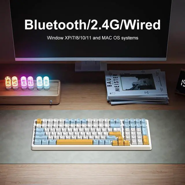 Alt view image 3 of 7 - Wireless Mechanical Keyboard, Triple Mode 2.4G/USB-C/BT Gaming Keyboards 100 Keys Ice-Blue Backlit Brown Switch Keyboard | Rechargeable Mechanical Gaming Keyboards | Ice Blue/W/Y