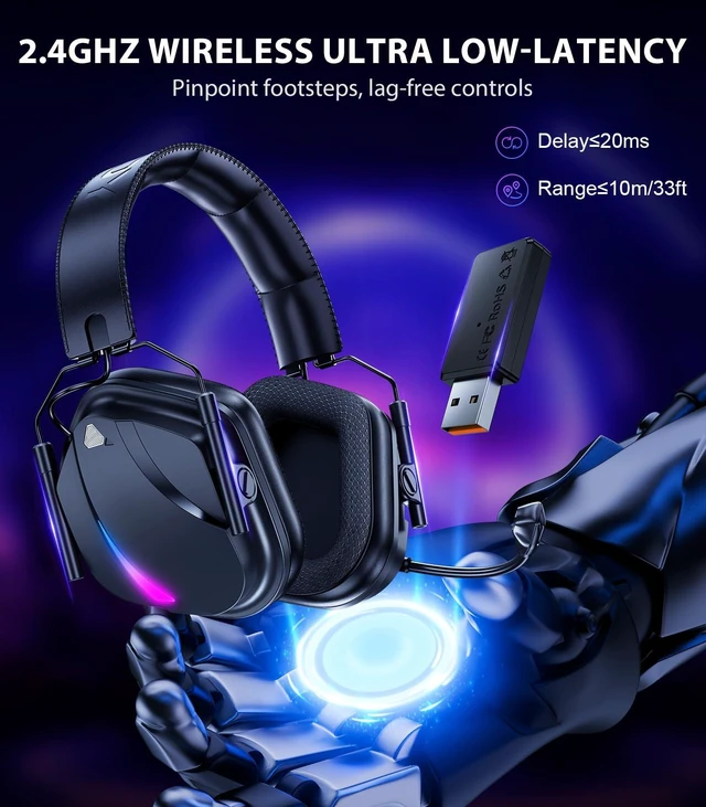 Alt view image 3 of 7 - Wireless Gaming Headset with Mic for PS5 PS4 PC Switch, 50H Battery | 250g Lightweight, 50mm Drivers & Virtual 7.1 Surround Sound, Noise-Canceling Mic, Bluetooth 5.4, RGB Gaming Headphone