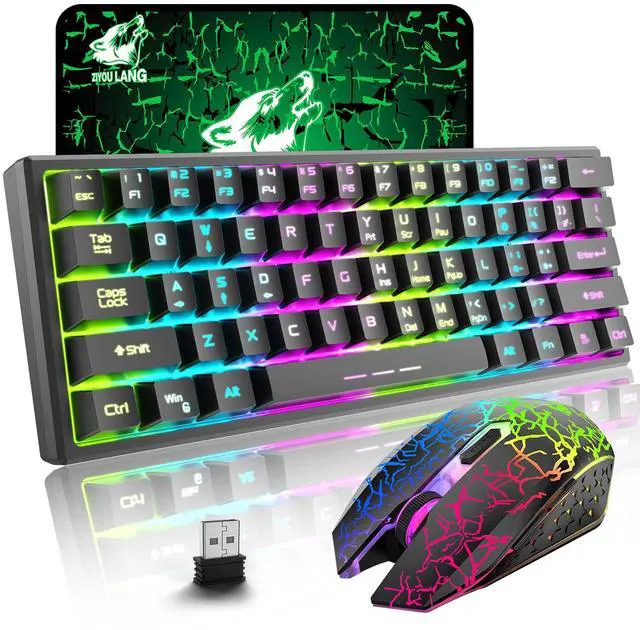 Main image of T61 Wireless Gaming Keyboard and Mouse Combo with Ergonomic 61 Key Rainbow LED Backlight Anti-ghosting Mechanical Feel Rechargeable 4000mAh Battery Mouse Pad for PC MAC Gamer Typists(Black)