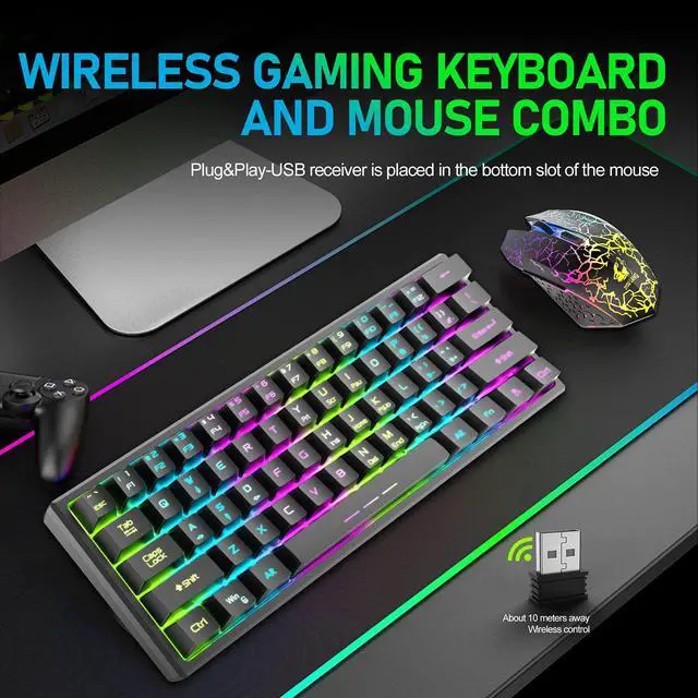Alt view image 2 of 7 - T61 Wireless Gaming Keyboard and Mouse Combo with Ergonomic 61 Key Rainbow LED Backlight Anti-ghosting Mechanical Feel Rechargeable 4000mAh Battery Mouse Pad for PC MAC Gamer Typists(Black)
