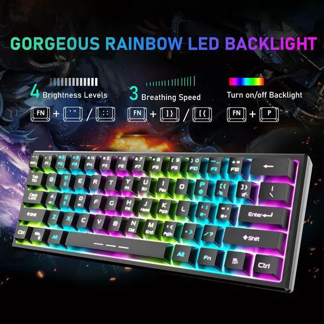 Alt view image 3 of 7 - T61 Wireless Gaming Keyboard and Mouse Combo with Ergonomic 61 Key Rainbow LED Backlight Anti-ghosting Mechanical Feel Rechargeable 4000mAh Battery Mouse Pad for PC MAC Gamer Typists(Black)