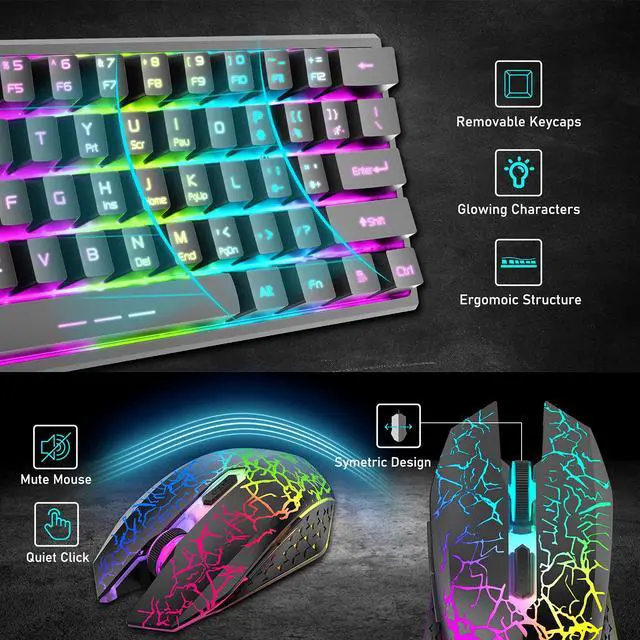 Alt view image 6 of 7 - T61 Wireless Gaming Keyboard and Mouse Combo with Ergonomic 61 Key Rainbow LED Backlight Anti-ghosting Mechanical Feel Rechargeable 4000mAh Battery Mouse Pad for PC MAC Gamer Typists(Black)