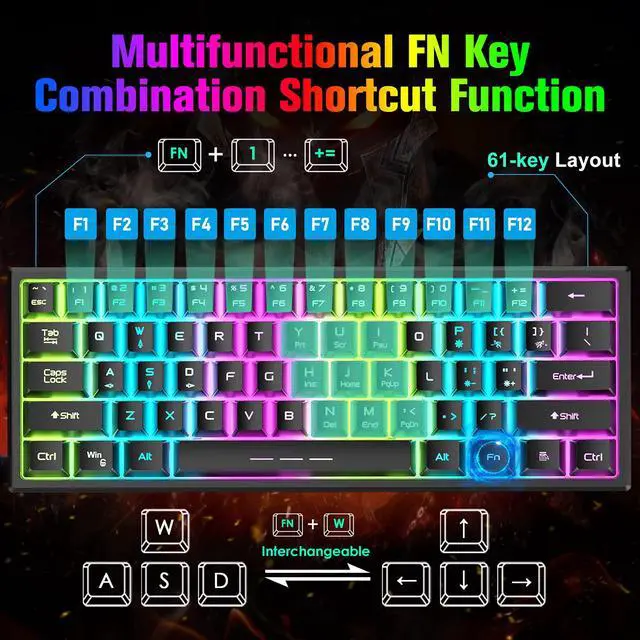 Alt view image 4 of 7 - T61 Wireless Gaming Keyboard and Mouse Combo with Ergonomic 61 Key Rainbow LED Backlight Anti-ghosting Mechanical Feel Rechargeable 4000mAh Battery Mouse Pad for PC MAC Gamer Typists(Black)