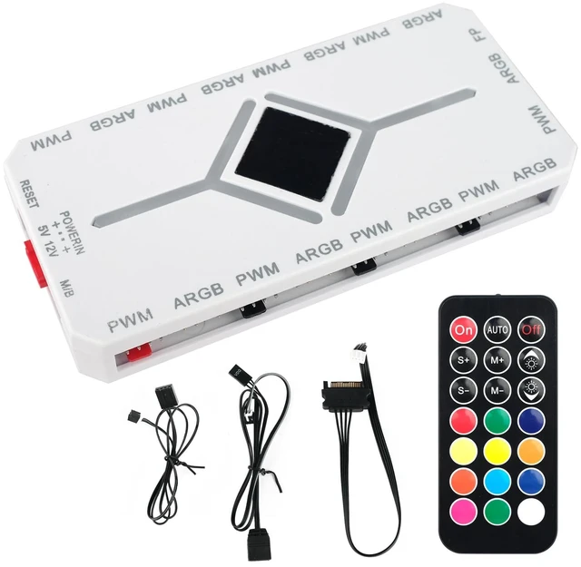 Main image of ARGB PWM Fan Hub, Addressable 5V-3PIN 2-in-1 RGB Computer PC Case Fan Hub 1 to 9 Ports Magnetic Splitter with Remote SATA Power Supply, Power Off Memory, White