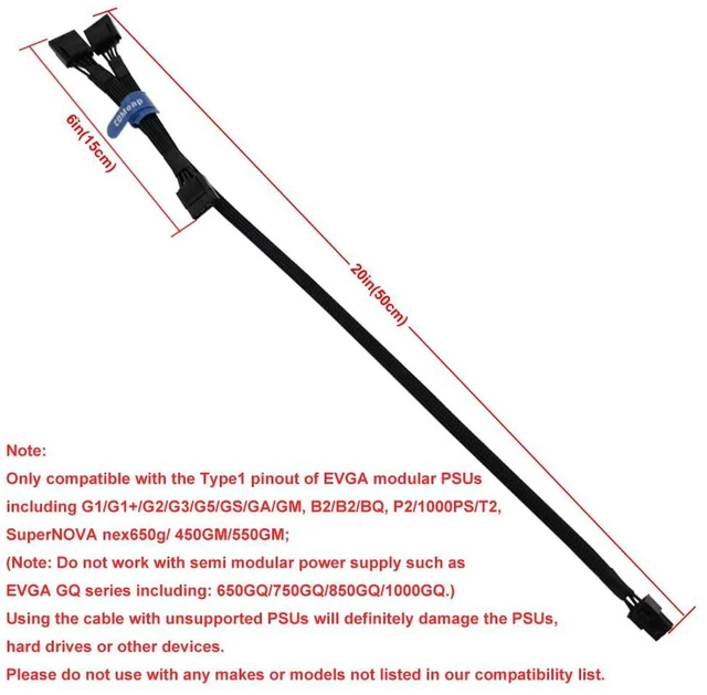 Alt view image 4 of 6 - Molex Power Cable for EVGA PSUs, 6 Pin to 3X 4 Pin Molex Hard Drive Adapter Sleeved Splitter for Some Specific Types of EVGA Power Supply 20-in(50cm)