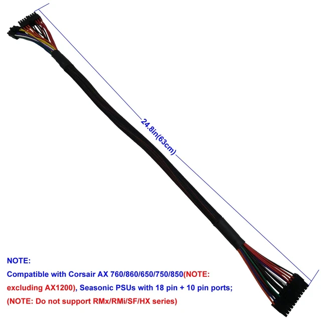 Alt view image 4 of 7 - 24 Pin ATX Cable for Corsair AX Series and Seasonic PSUs, 18 Pin + 10 Pin to 24 Pin ATX PSU Power Adapter Sleeved 24.8-inch(63cm)