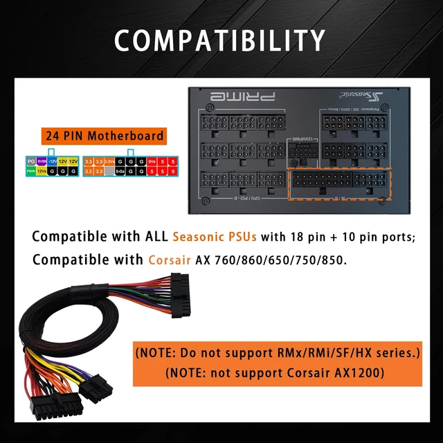 Alt view image 5 of 7 - 24 Pin ATX Cable for Corsair AX Series and Seasonic PSUs, 18 Pin + 10 Pin to 24 Pin ATX PSU Power Adapter Sleeved 24.8-inch(63cm)