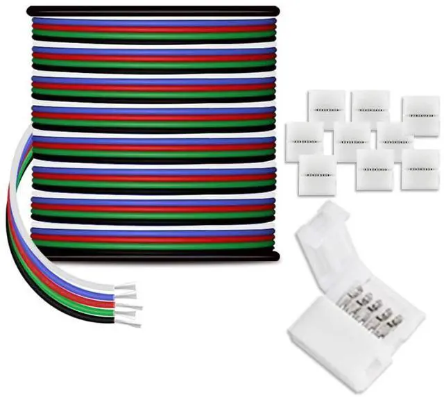 Main image of 30m/100ft RGBW LED Extension Cable 22 Gauge 5Pin 12V DC Electrical Wire 5 Core 22AWG Wires with 10PCS Connectors for RGBW 3528 5050 Led Strip