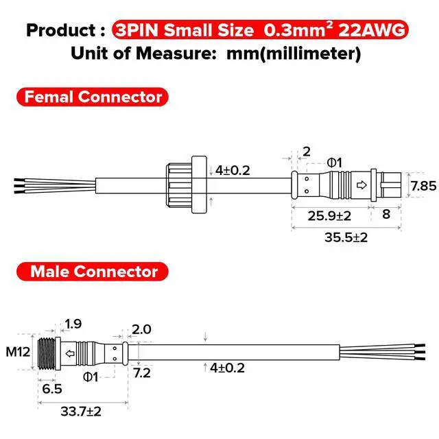 Alt view image 6 of 7 - 5PCS 3.28ft 1meter 3 Pin 0.32mm²/22AWG IP65 Extension Cable Wire with Male and Female Connectors at Both Ends for WS2811 WS2812B SK6812 FCOB CCT etc LED Strip 15mm nut Small Size