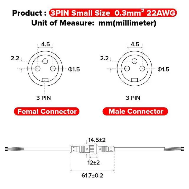 Alt view image 7 of 7 - 5PCS 3.28ft 1meter 3 Pin 0.32mm²/22AWG IP65 Extension Cable Wire with Male and Female Connectors at Both Ends for WS2811 WS2812B SK6812 FCOB CCT etc LED Strip 15mm nut Small Size