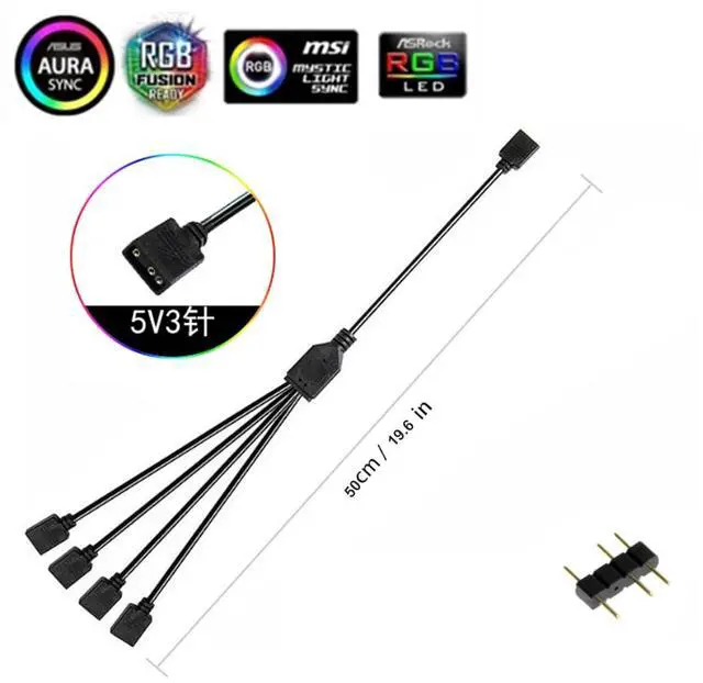 Alt view image 2 of 6 - 1-to-4 ARGB Splitter Cable, 5V 3 Pin Addressable RGB Extension Cable (2 Pack, 50cm/19.6in, Black, Compatible with PC Computer, Addressable RGB LED Strips, 5V ARGB Fans)