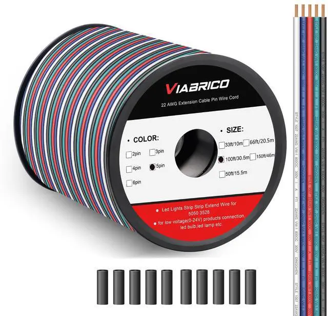 Main image of 100ft RGBW LED Extension Cable 22 Gauge 5Pin 12V DC Electrical Wire 5 Colors 22AWG Wires with 10PCS shrinkable Tubes for RGBW 3528 5050 Led Strip Copper Clad Aluminum Copper Wire