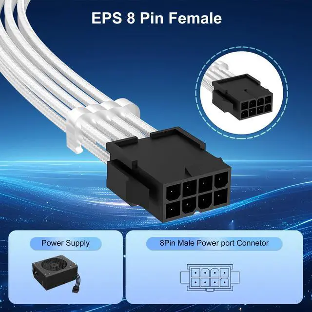 Alt view image 4 of 7 - EPS 8 Pin Power Extension Cable, 11.8 inch ATX CPU Female to Male, White Braided Sleeved Cord for Motherboard, 6 Cable Combs for Neat Organization, 2 Pack