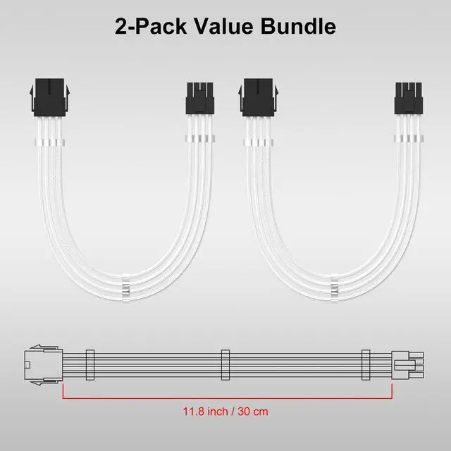 Alt view image 7 of 7 - EPS 8 Pin Power Extension Cable, 11.8 inch ATX CPU Female to Male, White Braided Sleeved Cord for Motherboard, 6 Cable Combs for Neat Organization, 2 Pack