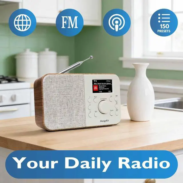 Alt view image 2 of 6 - SR-L WiFi Internet Radio, Podcast Player, Bluetooth Speaker,150 Presets, Portable FM Radio, Alarm Clock Radio, Compact Kitchen Radio with Full Colour Display, Mains or Battery Powered-Walnut