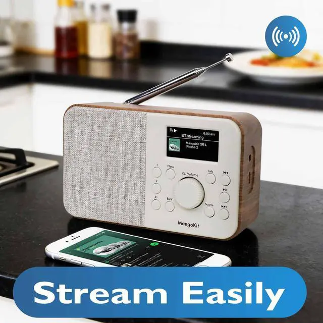Alt view image 3 of 6 - SR-L WiFi Internet Radio, Podcast Player, Bluetooth Speaker,150 Presets, Portable FM Radio, Alarm Clock Radio, Compact Kitchen Radio with Full Colour Display, Mains or Battery Powered-Walnut
