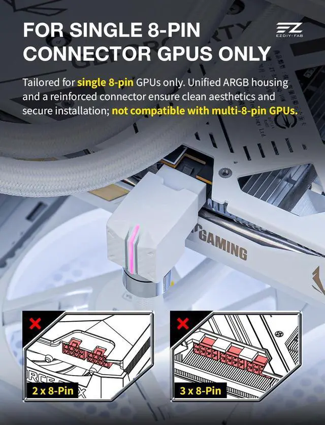 Alt view image 4 of 7 - UNIFAS ARGB 8-Pin GPU Extension Cable,16AWG 90° Right-Angle PCIe PSU Power Extension, 5V 3-Pin RGB Sync, Unified Cable Design, Single 8-Pin Only,White-STD