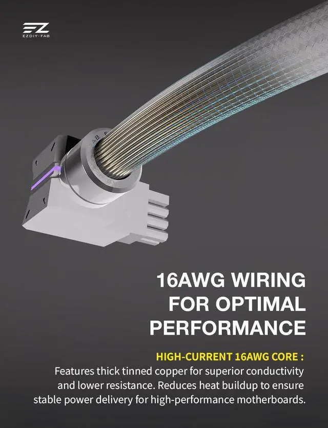 Alt view image 7 of 7 - UNIFAS ARGB 8-Pin GPU Extension Cable,16AWG 90° Right-Angle PCIe PSU Power Extension, 5V 3-Pin RGB Sync, Unified Cable Design, Single 8-Pin Only,White-STD