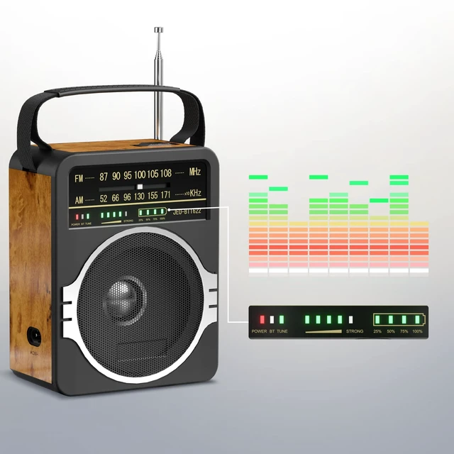 Alt view image 6 of 7 - Portable AM FM Radio, Bluetooth 5.0 Radios 5 Watts Loud Speaker,FM Radio Built-in Rechargeable Battery/DC D*4 Cell Battery Operated & AC Power Plug in Wall Retro
