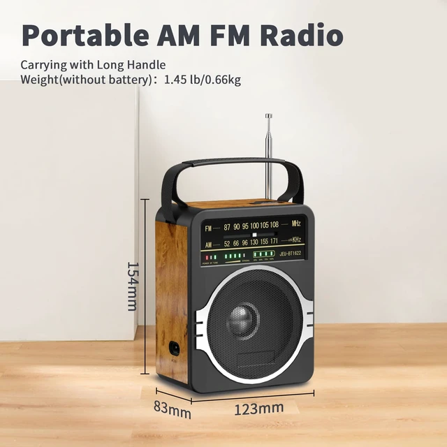 Alt view image 7 of 7 - Portable AM FM Radio, Bluetooth 5.0 Radios 5 Watts Loud Speaker,FM Radio Built-in Rechargeable Battery/DC D*4 Cell Battery Operated & AC Power Plug in Wall Retro