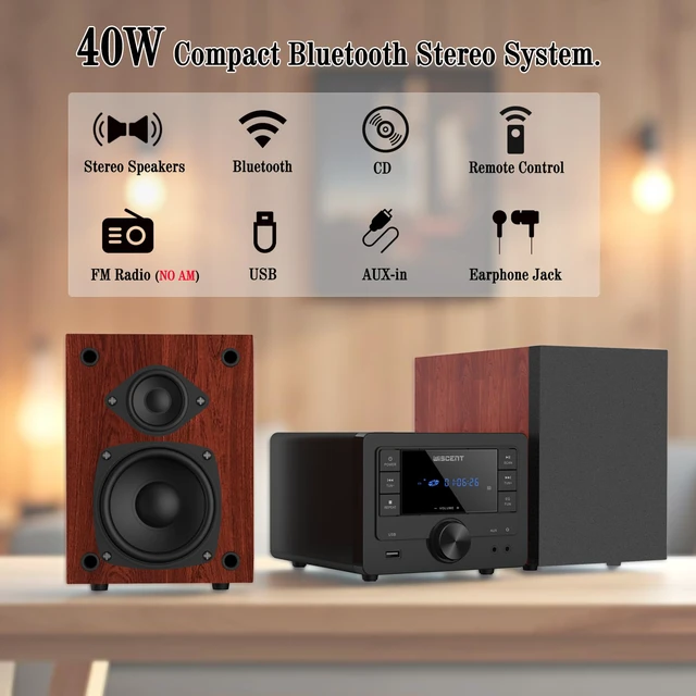 Alt view image 2 of 7 - Bluetooth Stereo System 40W for Home, CD Player with Wireless Streaming, MP3/USB/Audio in/FM Radio, Powerful Home Audio Sound System