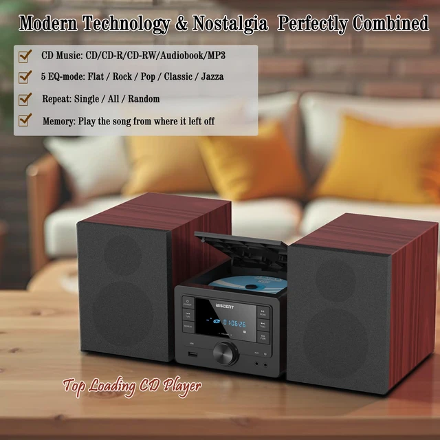 Alt view image 3 of 7 - Bluetooth Stereo System 40W for Home, CD Player with Wireless Streaming, MP3/USB/Audio in/FM Radio, Powerful Home Audio Sound System