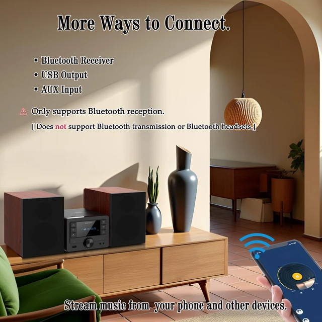 Alt view image 5 of 7 - Bluetooth Stereo System 40W for Home, CD Player with Wireless Streaming, MP3/USB/Audio in/FM Radio, Powerful Home Audio Sound System