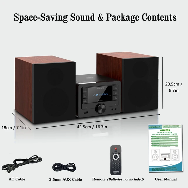 Alt view image 7 of 7 - Bluetooth Stereo System 40W for Home, CD Player with Wireless Streaming, MP3/USB/Audio in/FM Radio, Powerful Home Audio Sound System