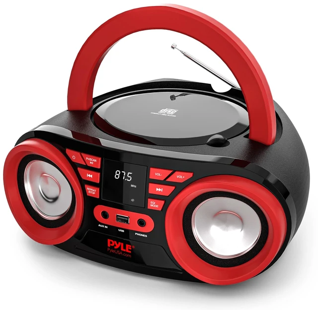Main image of Portable CD Player Bluetooth Boombox Speaker - AM/FM Stereo Radio & Audio Sound, Supports CD-R-RW/MP3/WMA, USB, AUX, Headphone, LED Display, AC/Battery Powered, Red Black - PHCD22.5