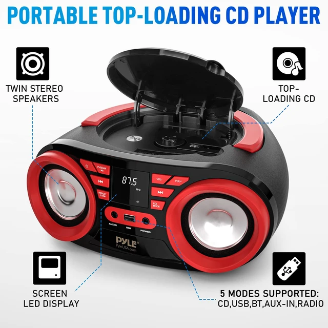 Alt view image 2 of 7 - CD Player Portable, CD Players for Home, Portable CD Player, 50W Max Power, Bluetooth, USB, AUX, AM/FM Radio, Top-Loading, Includes AC/DC Power Cord, LED Display, 3+ Hr Battery Life