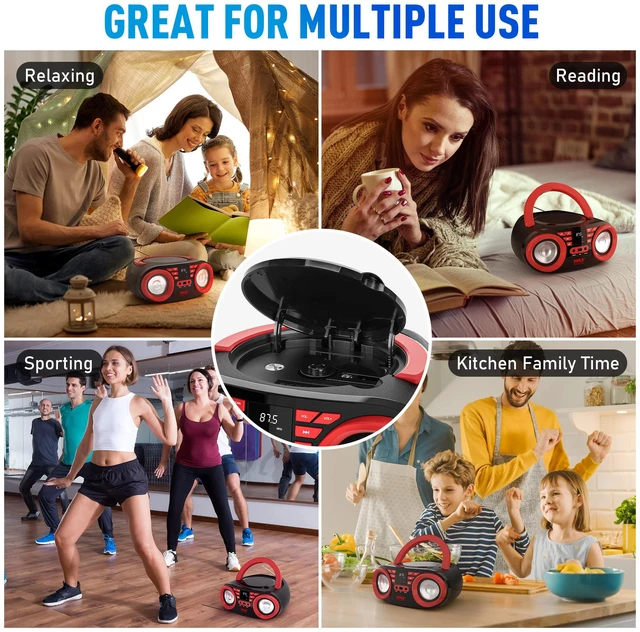 Alt view image 4 of 7 - CD Player Portable, CD Players for Home, Portable CD Player, 50W Max Power, Bluetooth, USB, AUX, AM/FM Radio, Top-Loading, Includes AC/DC Power Cord, LED Display, 3+ Hr Battery Life