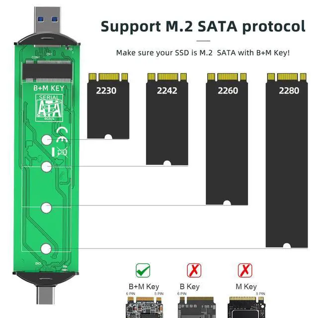 Alt view image 3 of 7 - M.2 SATA Enclosure for 2230 2242 2260 2280 B+M Key, Aluminum M2 Serial ATA SSD Reader USB 3.1 Gen2 6Gbps USB-C to USB-A, Plug and Play, Support UASP Trim
