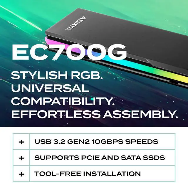 Alt view image 2 of 7 - EC700G - M.2 PCIe/SATA SSD Enclosure - High-Capacity Storage - Game Console Compatible - Quick Load SSD Expansion - Aluminum RGB - No Tools Needed - AEC700GU32G2-CGY