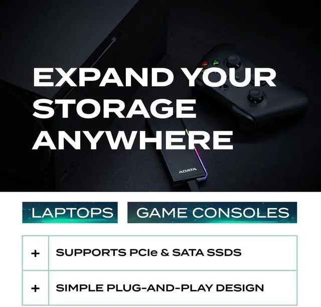 Alt view image 6 of 7 - EC700G - M.2 PCIe/SATA SSD Enclosure - High-Capacity Storage - Game Console Compatible - Quick Load SSD Expansion - Aluminum RGB - No Tools Needed - AEC700GU32G2-CGY