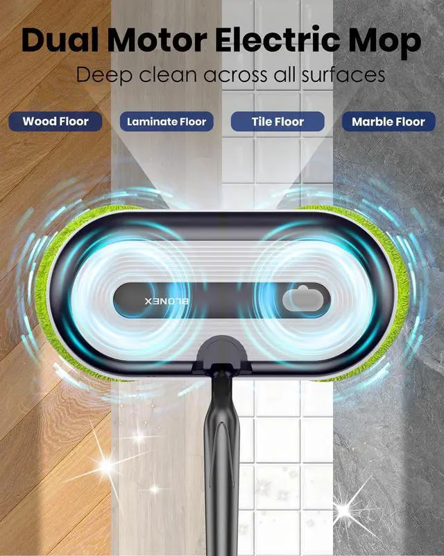 Alt view image 2 of 7 - Blonex Cordless Electric Mop, Electric Spin Floor Mop with LED Headlights & Water Sprayer, Long-Lasting Battery, Large 290ml Tank, Self-Propelled Floor Cleaner with Adjustable Tube for All Floors