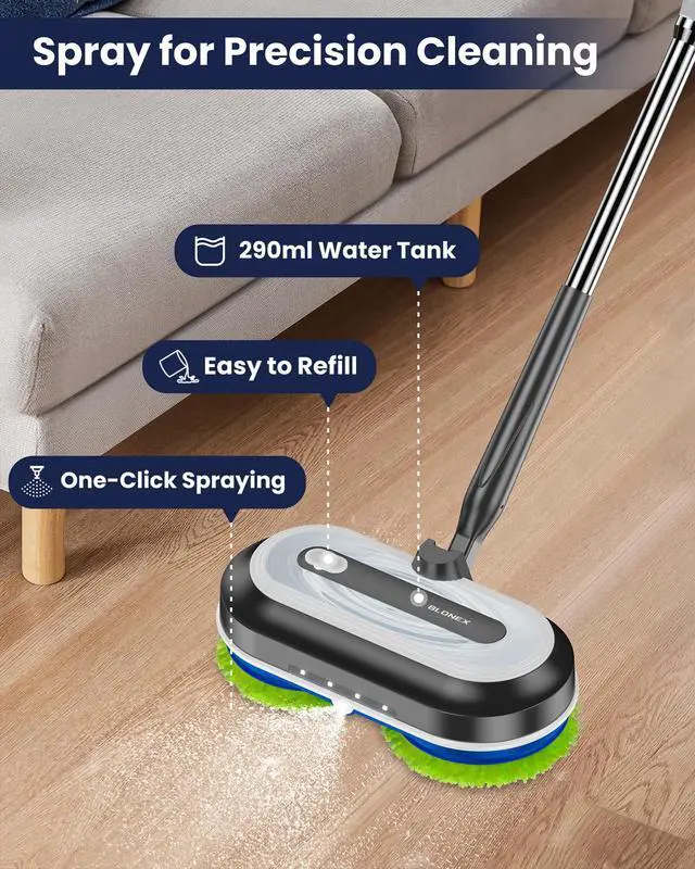 Alt view image 6 of 7 - Blonex Cordless Electric Mop, Electric Spin Floor Mop with LED Headlights & Water Sprayer, Long-Lasting Battery, Large 290ml Tank, Self-Propelled Floor Cleaner with Adjustable Tube for All Floors