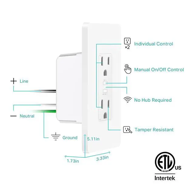 Alt view image 7 of 7 - Kasa Smart Plug KP200, In-Wall Smart Home Wi-Fi Outlet Works with Alexa, Google Home & IFTTT, No Hub Required, Remote Control, ETL Certified , White, 1 Pack
