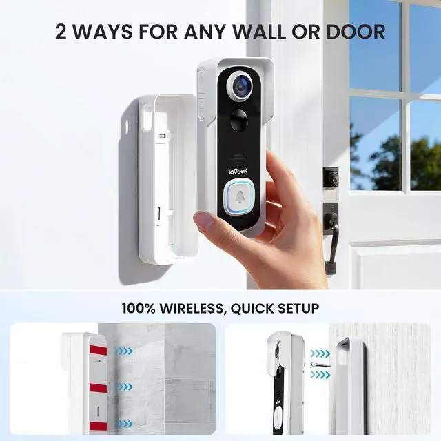 Alt view image 6 of 7 - ieGeek Doorbell Camera Wireless No Subscription, 2K 3MP HD View, 2-Way Talk, PIR Motion Detection, Wireless Video Doorbell with Chime, Only Supports 2.4GHz WiFi, Local & Cloud Storage, White