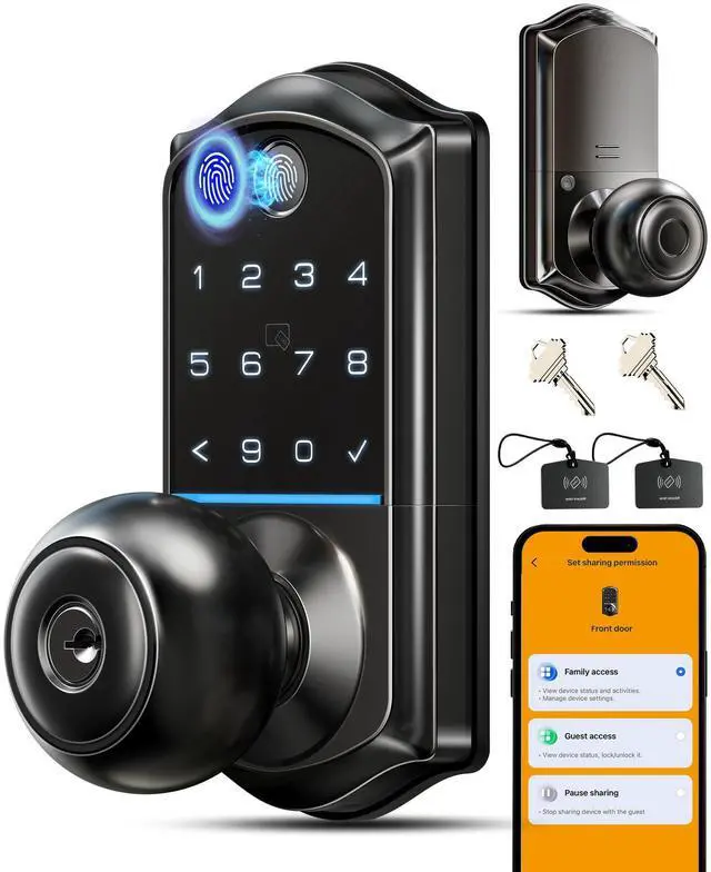 Main image of Veise VE018 Smart Knob Handle Lock - Fingerprint, App Control, Keyless Entry for Front Door and Bedroom, Electronic Digital Keypad, Auto Lock, Remote Access Sharing, IP55 Weatherproof, Matte Black