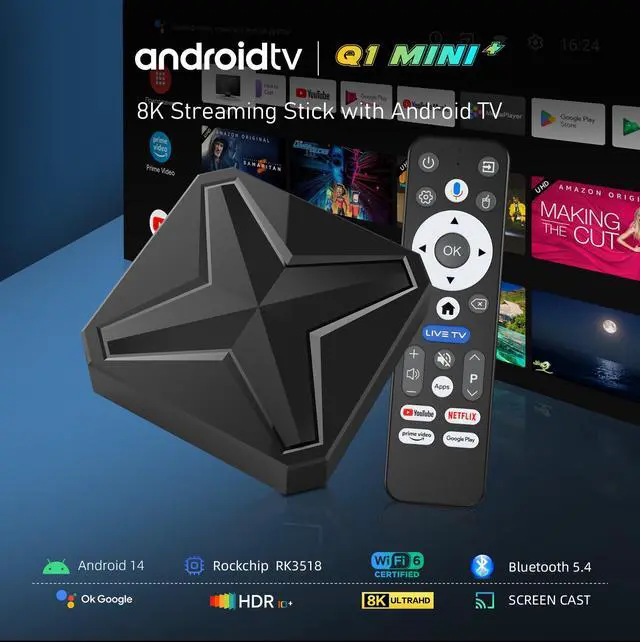 Alt view image 2 of 7 - Android 14 TV Box 2026, Android TV Box 8K Ultra HD with 2GB RAM and 16GB ROM, RK3518 Quad-Core A53 CPU and Mali 450 MP2 GPU, Smart TV Box with 2.4/5.8GHz WiFi 6 and Bluetooth 5.4