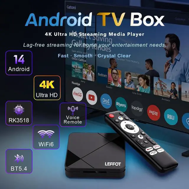 Alt view image 2 of 7 - Android 14.0 TV Box 2025, LEFFOT RK3518 4K Ultra HD Streaming Device for TV, 2GB RAM 16GB ROM, Smart TV Box with Voice Remote, 2.4G & 5G WiFi 6, BT 5.4, USB 3.0, HDR10, Rockchip RK3518 Quad-Core A53