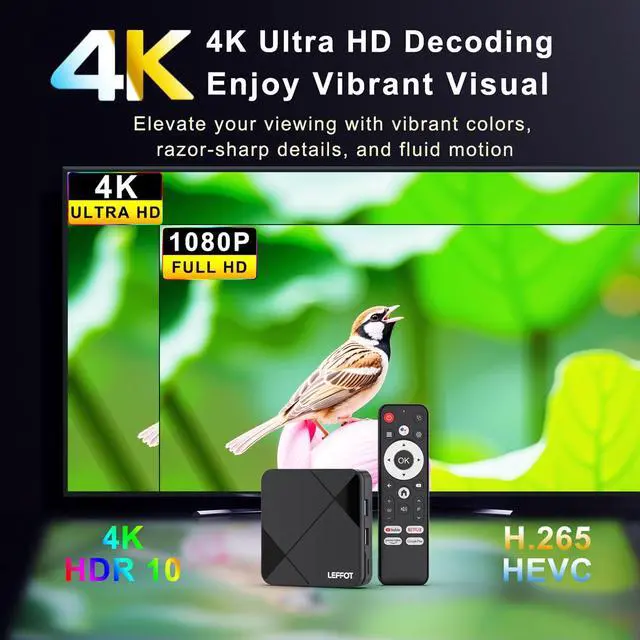 Alt view image 3 of 7 - Android 14.0 TV Box 2025, LEFFOT RK3518 4K Ultra HD Streaming Device for TV, 2GB RAM 16GB ROM, Smart TV Box with Voice Remote, 2.4G & 5G WiFi 6, BT 5.4, USB 3.0, HDR10, Rockchip RK3518 Quad-Core A53