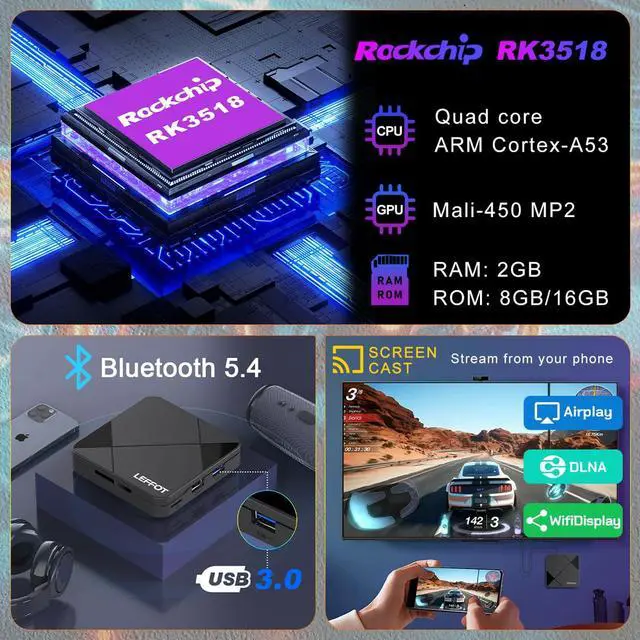 Alt view image 6 of 7 - Android 14.0 TV Box 2025, LEFFOT RK3518 4K Ultra HD Streaming Device for TV, 2GB RAM 16GB ROM, Smart TV Box with Voice Remote, 2.4G & 5G WiFi 6, BT 5.4, USB 3.0, HDR10, Rockchip RK3518 Quad-Core A53