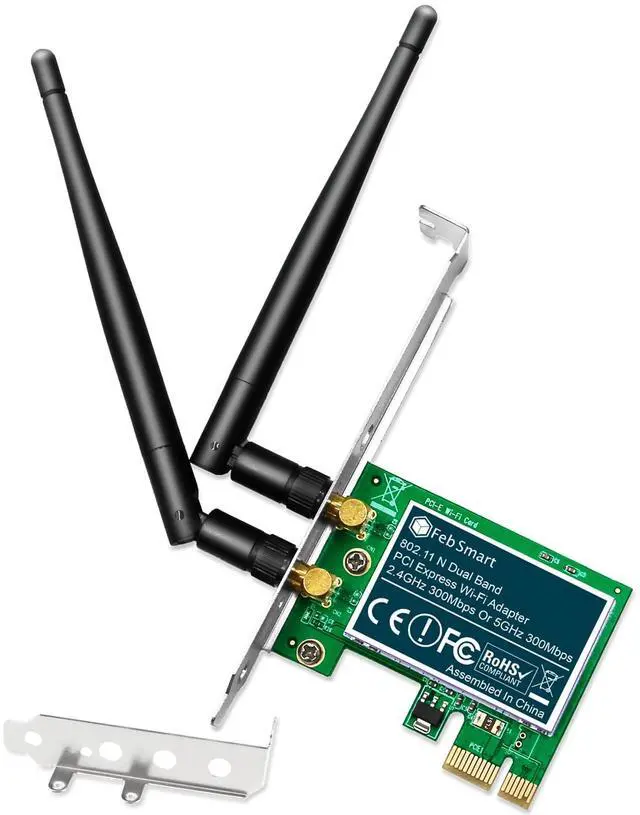 Main image of FebSmart Wireless N Dual Band 600Mbps (2.4GHz 300Mbps or 5GHz 300Mbps) PCIE WiFi Adapter for Windows 11, 10, 8.x, 7, XP (32/64bit) and Windows Server Desktop PCs, 2X2 MIMO PCIE WiFi Card (FS-N600)