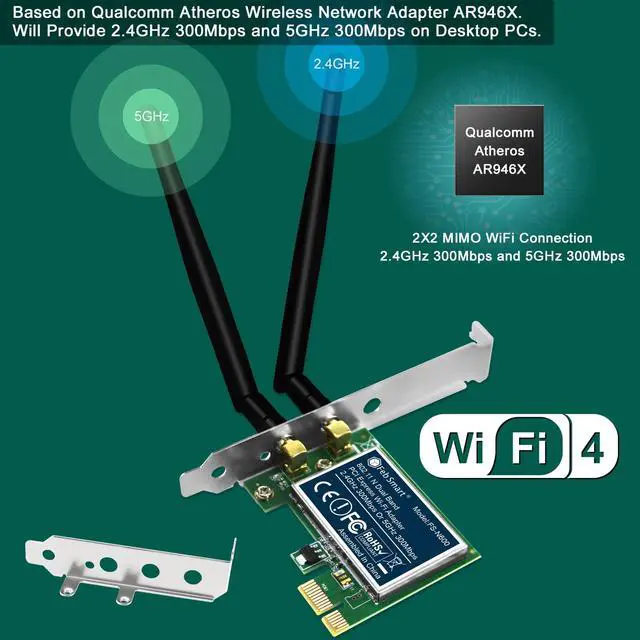 Alt view image 3 of 7 - FebSmart Wireless N Dual Band 600Mbps (2.4GHz 300Mbps or 5GHz 300Mbps) PCIE WiFi Adapter for Windows 11, 10, 8.x, 7, XP (32/64bit) and Windows Server Desktop PCs, 2X2 MIMO PCIE WiFi Card (FS-N600)