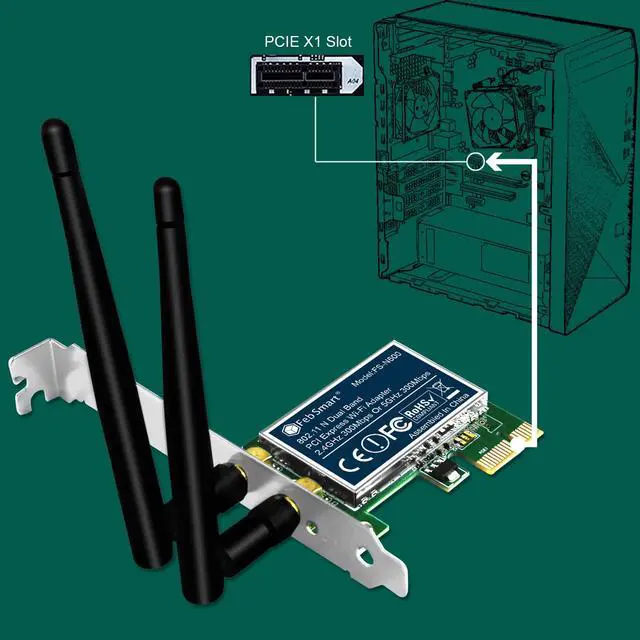 Alt view image 5 of 7 - FebSmart Wireless N Dual Band 600Mbps (2.4GHz 300Mbps or 5GHz 300Mbps) PCIE WiFi Adapter for Windows 11, 10, 8.x, 7, XP (32/64bit) and Windows Server Desktop PCs, 2X2 MIMO PCIE WiFi Card (FS-N600)