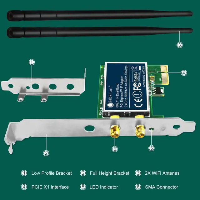 Alt view image 7 of 7 - FebSmart Wireless N Dual Band 600Mbps (2.4GHz 300Mbps or 5GHz 300Mbps) PCIE WiFi Adapter for Windows 11, 10, 8.x, 7, XP (32/64bit) and Windows Server Desktop PCs, 2X2 MIMO PCIE WiFi Card (FS-N600)